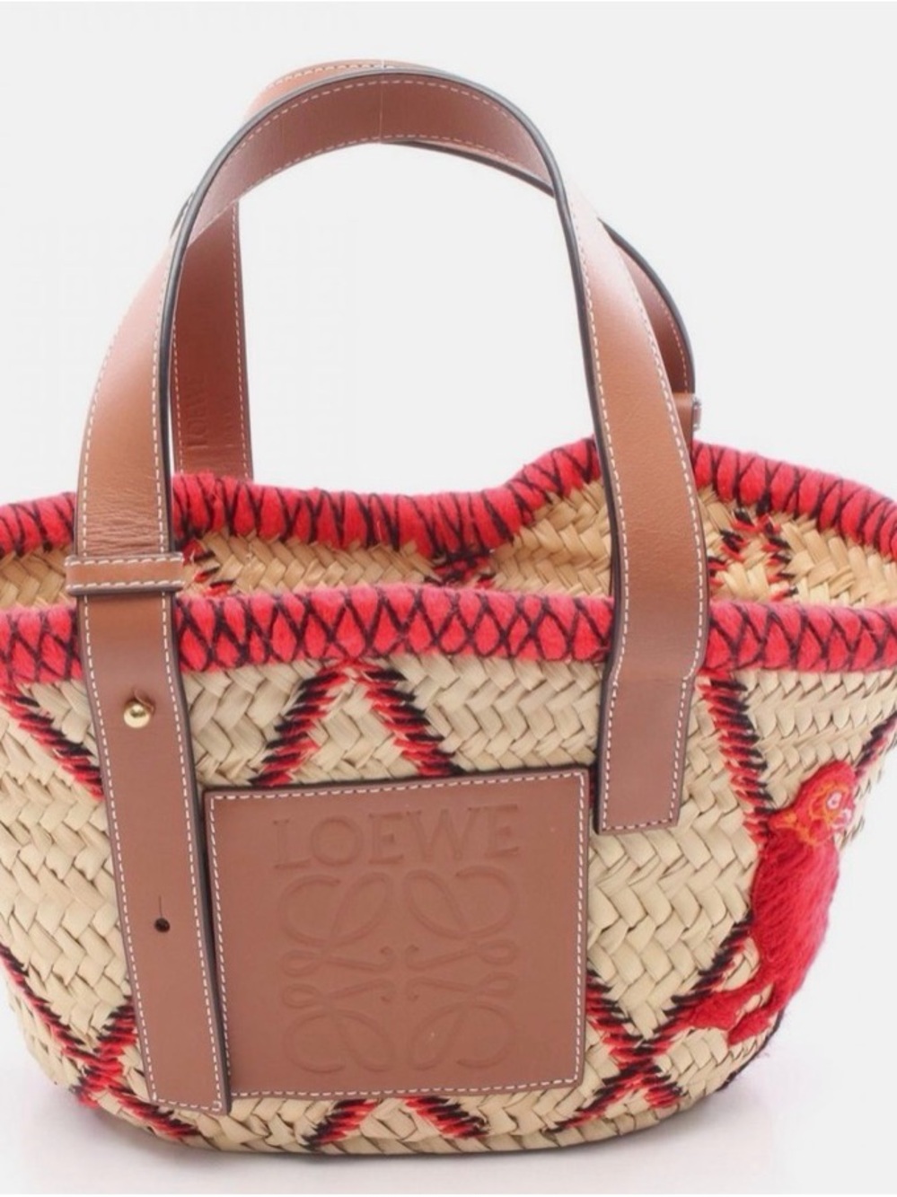 Loewe Natural Straw Tote with Red Trim and Tan Leather